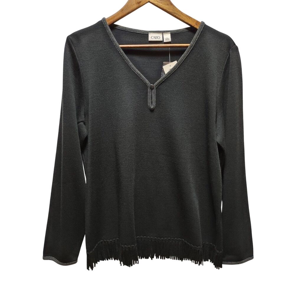 Cato Women's Black Pullover Top Long Sleeve Front Keyhole & Fringed Hem Size L
